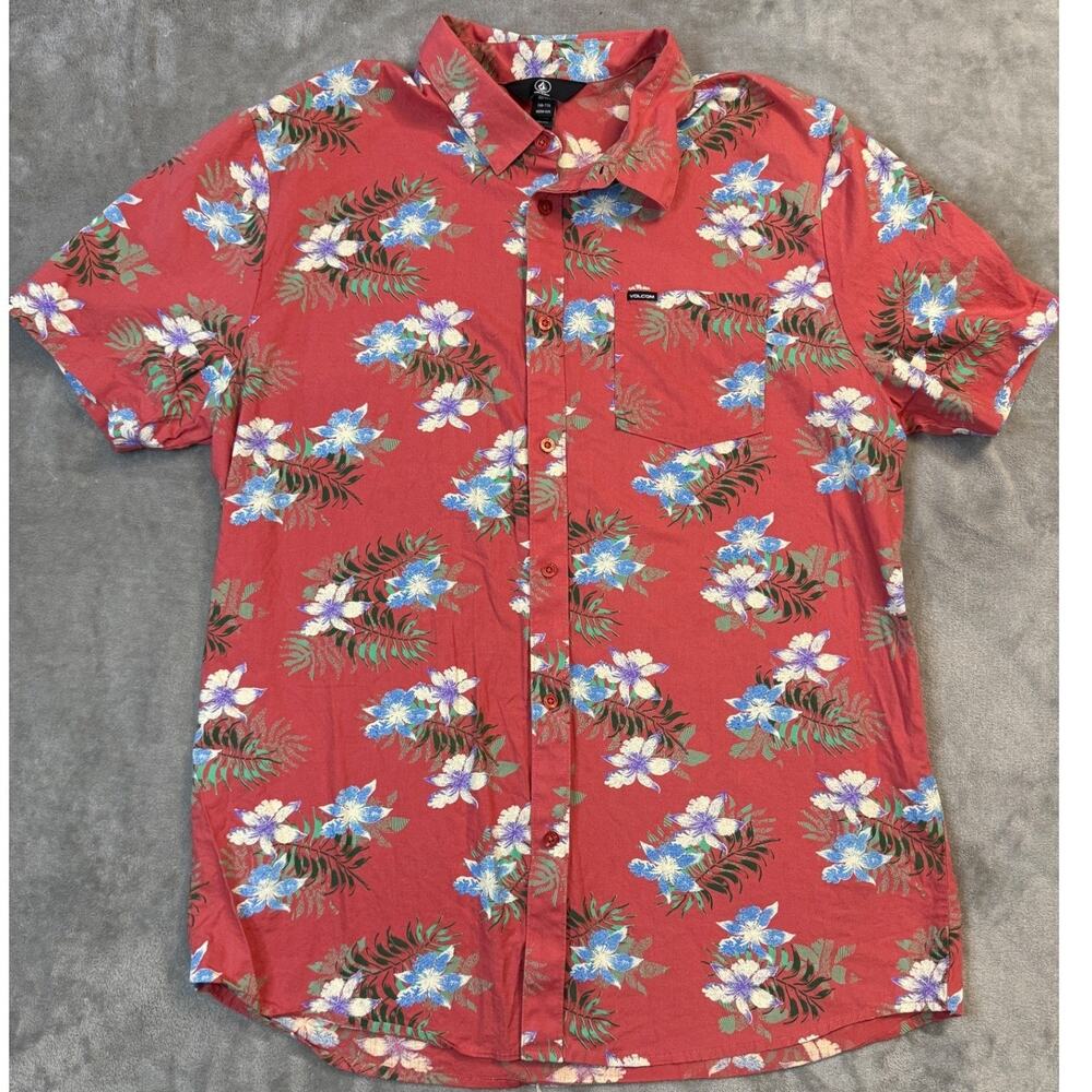 Volcom Mens Red Floral Short Sleeve Button Up Shirt Tropical Aloha Beach XXL